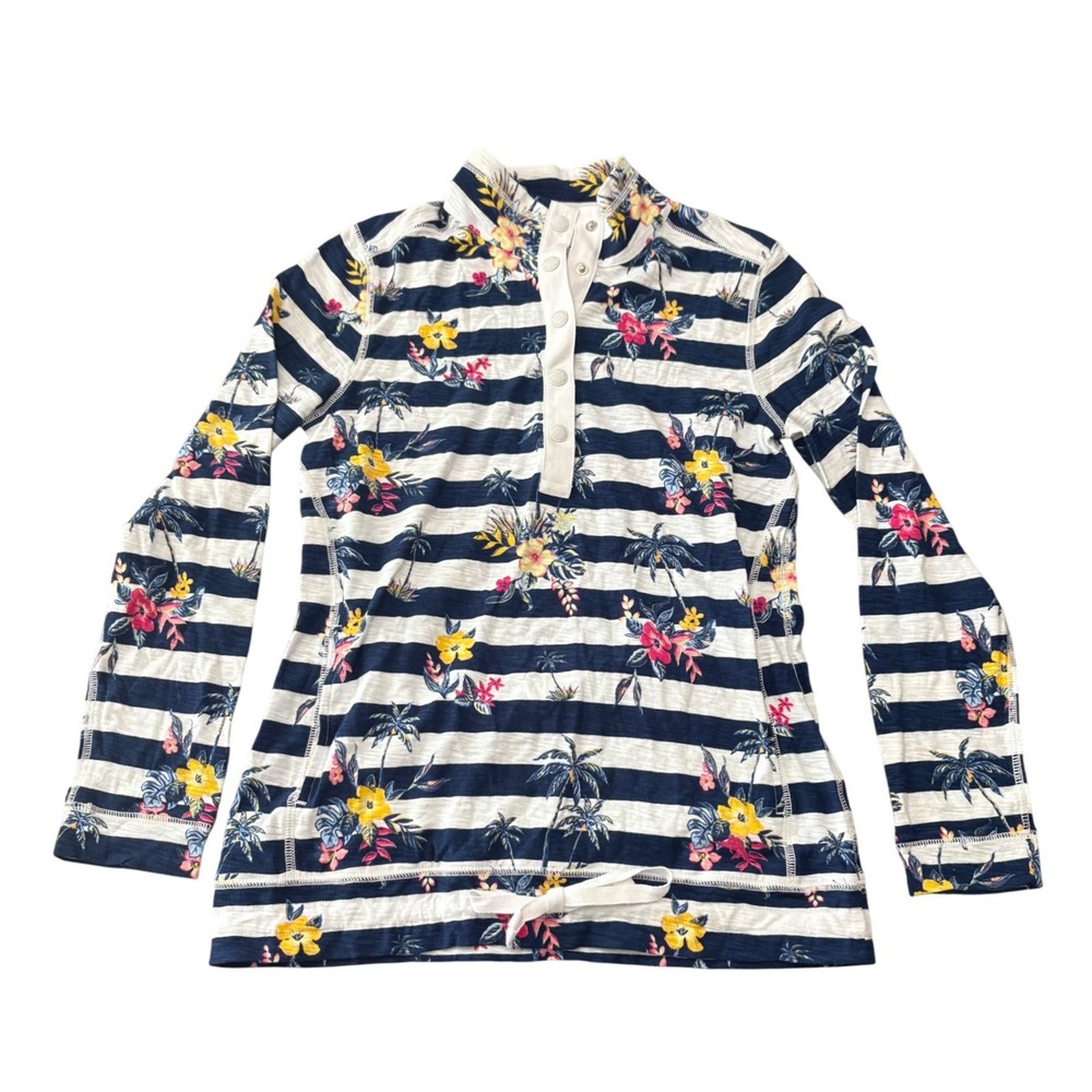 Tommy Bahama Women XS 1/2 Snap Top Blue Striped Floral NWT Long Sleeve Shirt